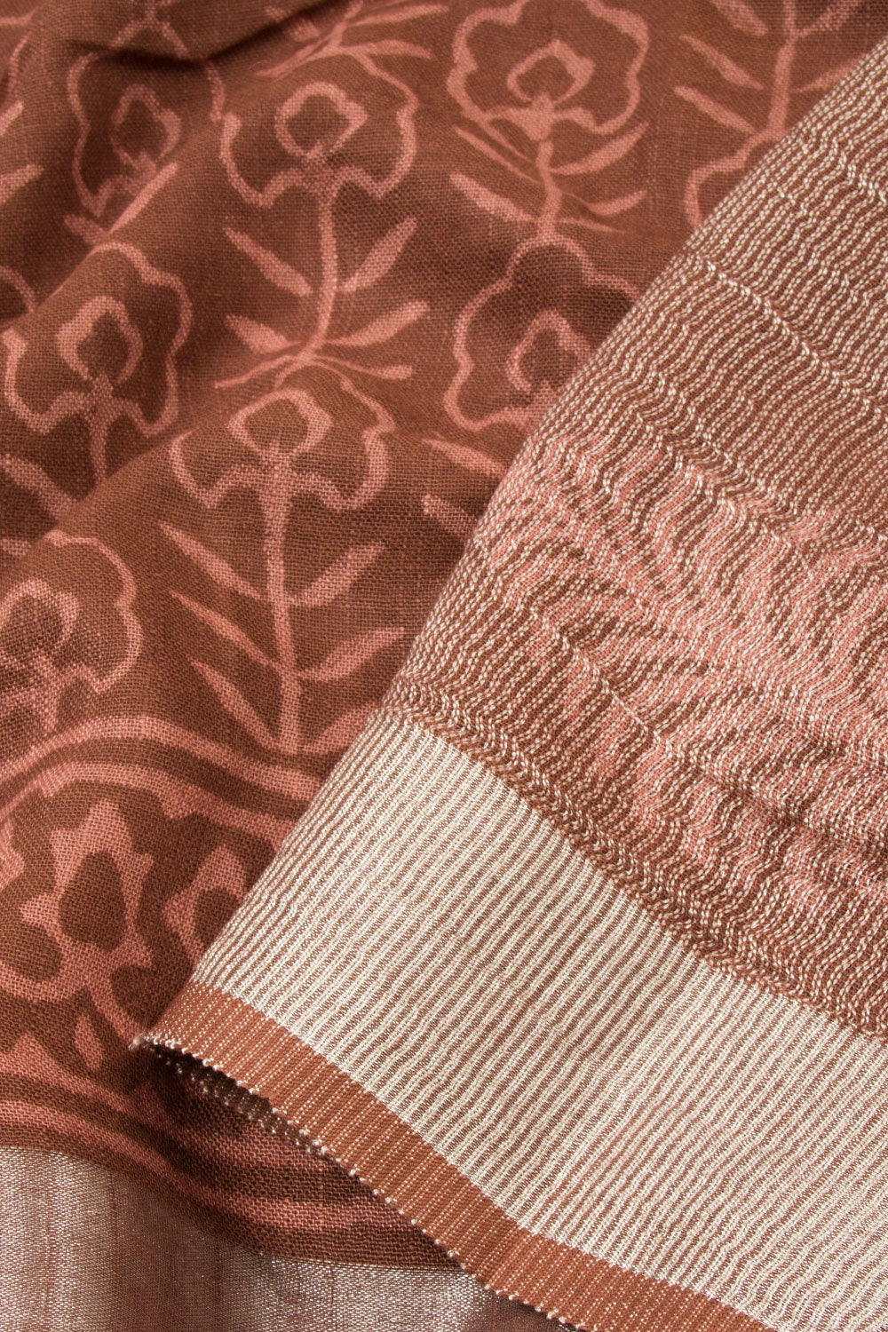 Brown Hand Block Printed Linen Saree  - Avishya