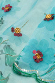 Mist Aqua Blue Khatli Work Organza Saree With Floral Motifs and Scallop Border 10076563
