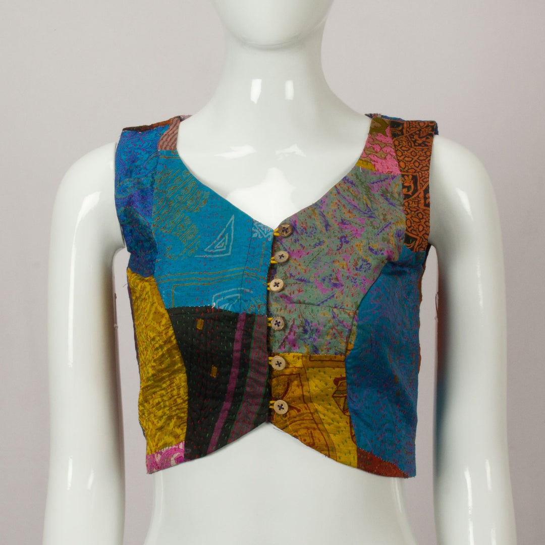 Multi Colour Kantha Embroidered Patchwork Cotton Blouse - Avishya