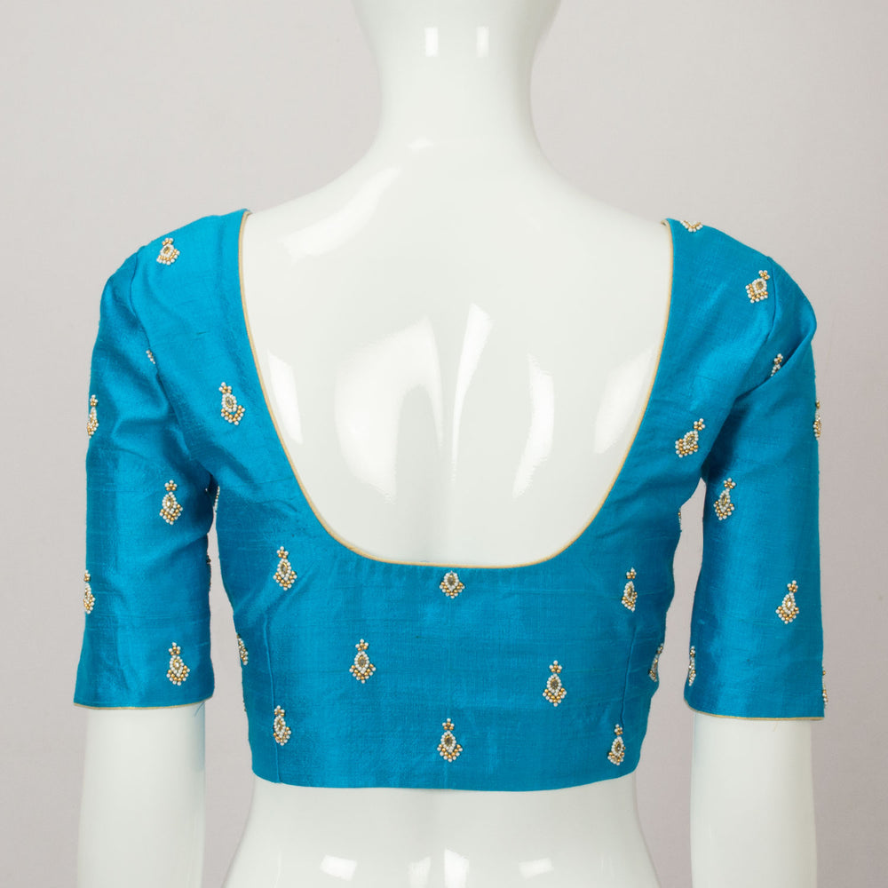 Blue Aari Embroidered Raw Silk Blouse - Avishya