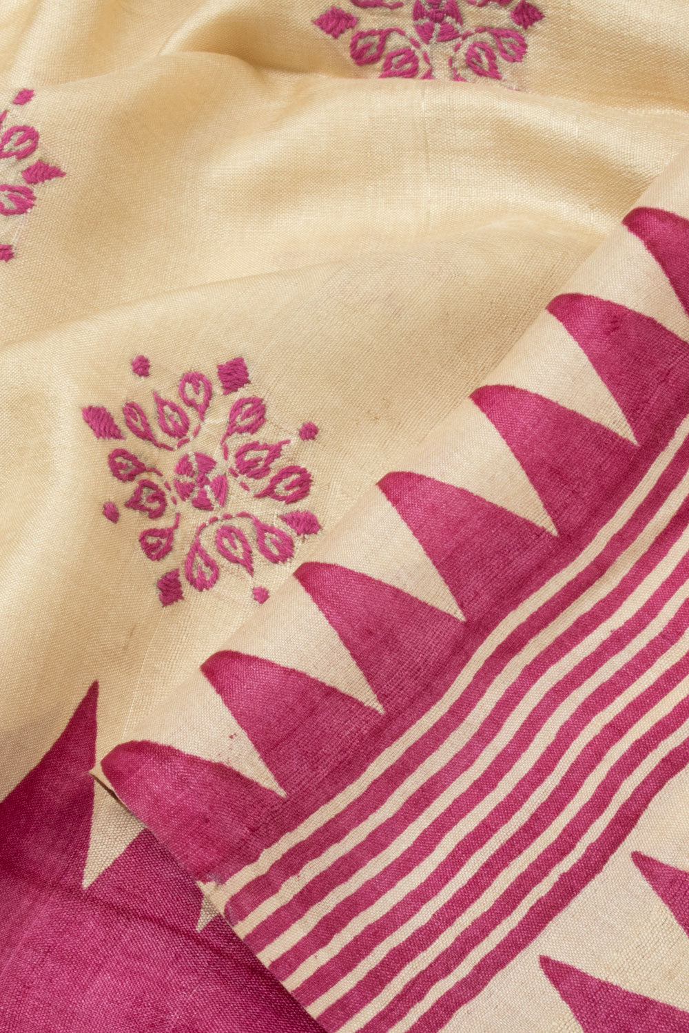 Off White Kantha Embroidered Tussar Silk Saree - Avishya