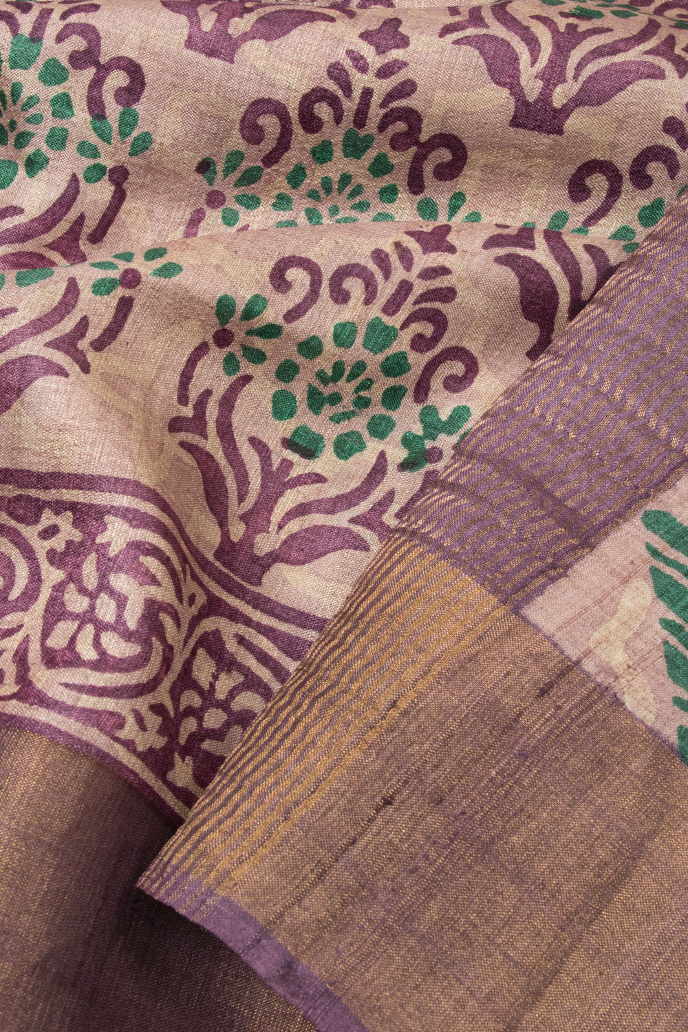 Cream Kantha Embroidered Tussar Silk Saree - Avishya