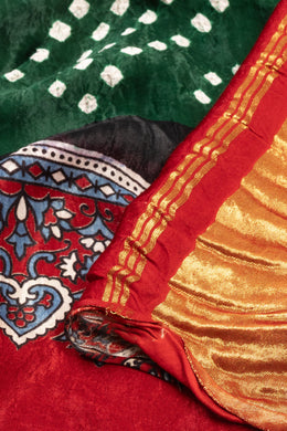 Rainforest Green Handloom Ajrakh Bandhani Modal Silk Saree With  Lagdi Patti Pallu and Floral Border 10076569