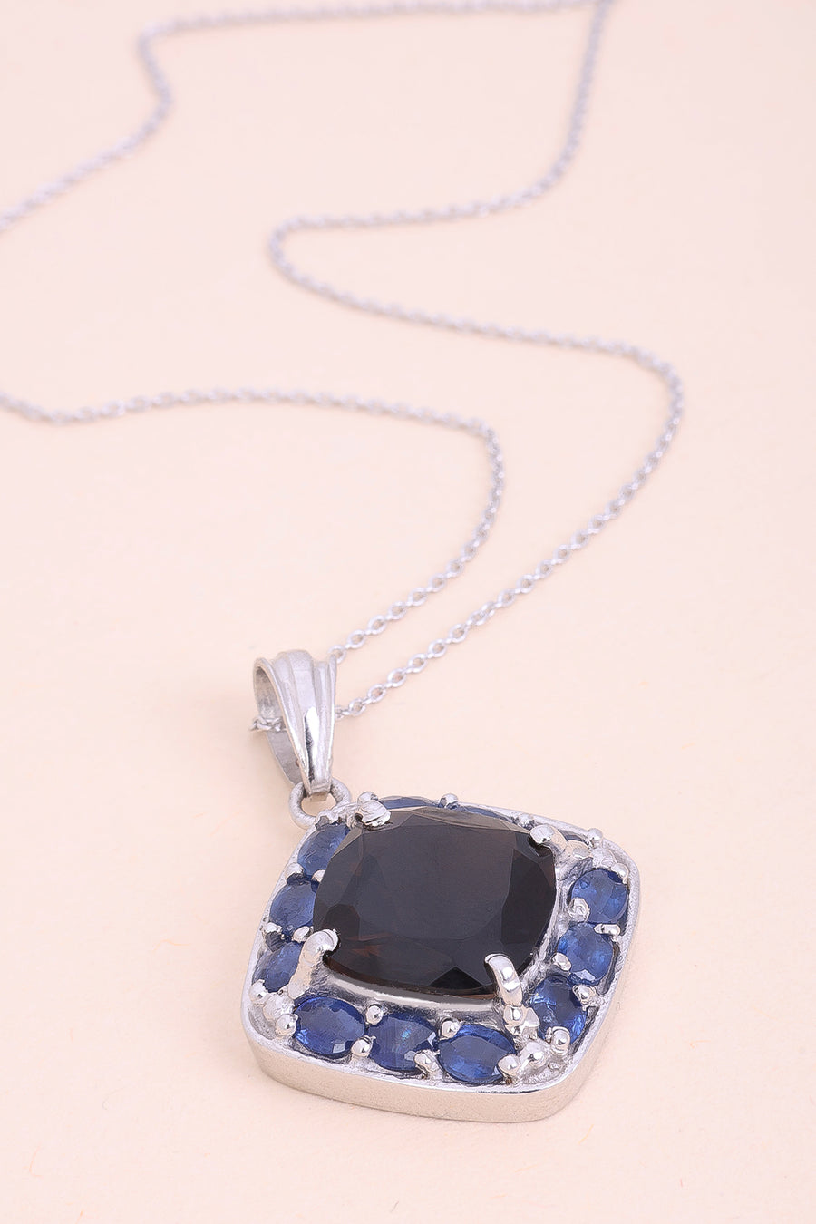 Smoky Topaz & Blue Sapphire  Silver  Necklace Pendant Chain -Avishya