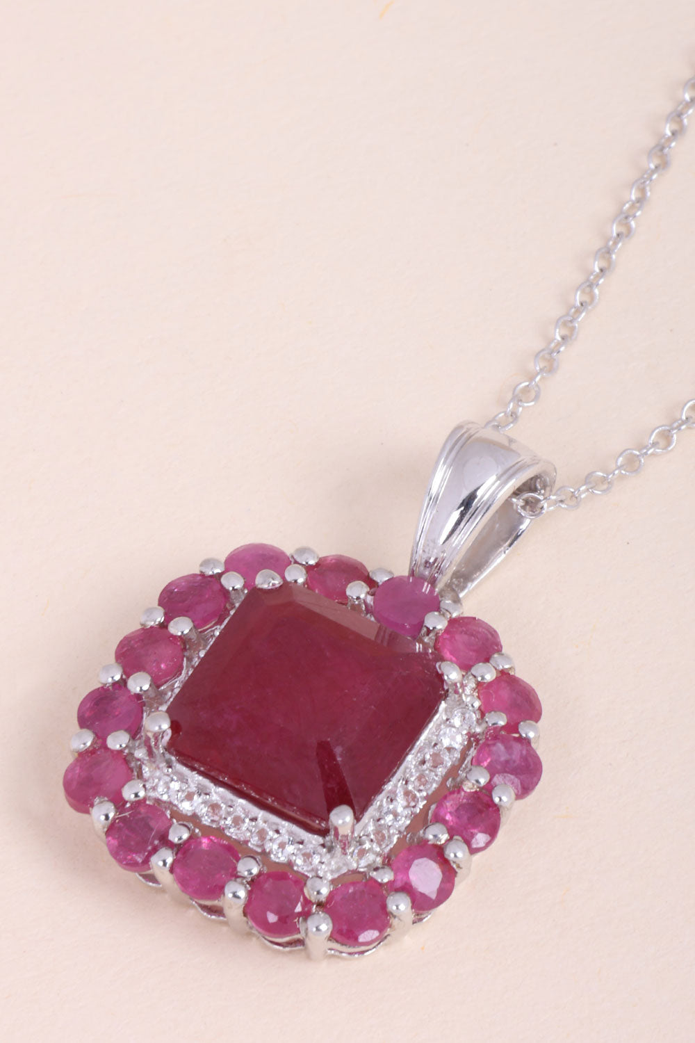 Ruby Glass Filled With White Topaz Sterling Silver Necklace Pendant Chain + Avishya