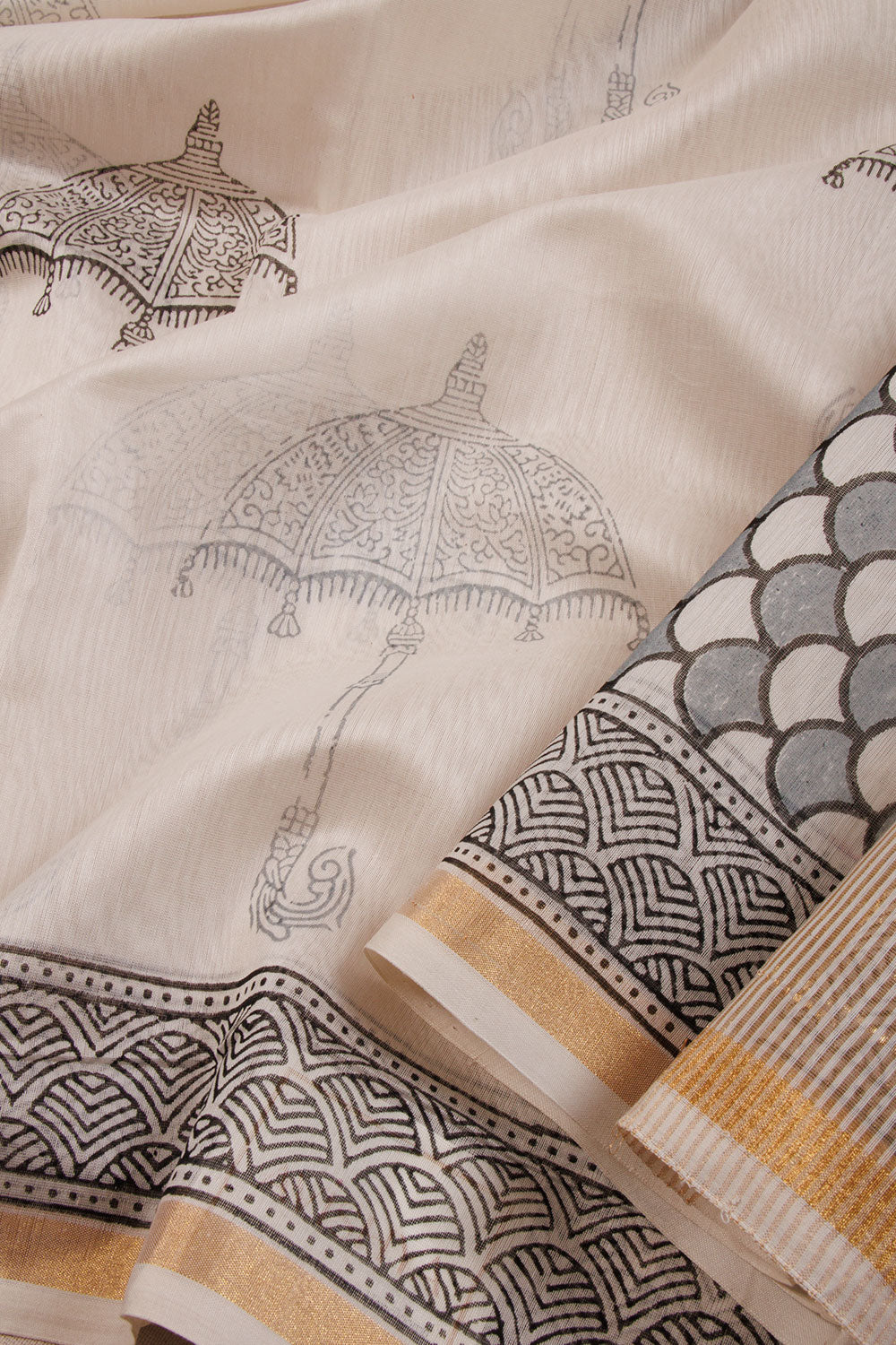 White Huda Print Silk Cotton Saree 10067318 - Avishya