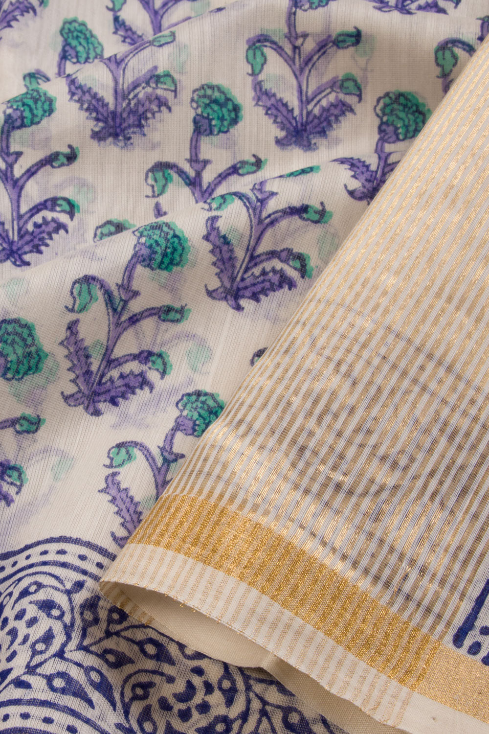 White Huda Printe Silk Cotton Saree 10067321 - Avishya