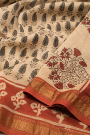 Off White Anokhi Hand Block Printed Saree 10067356