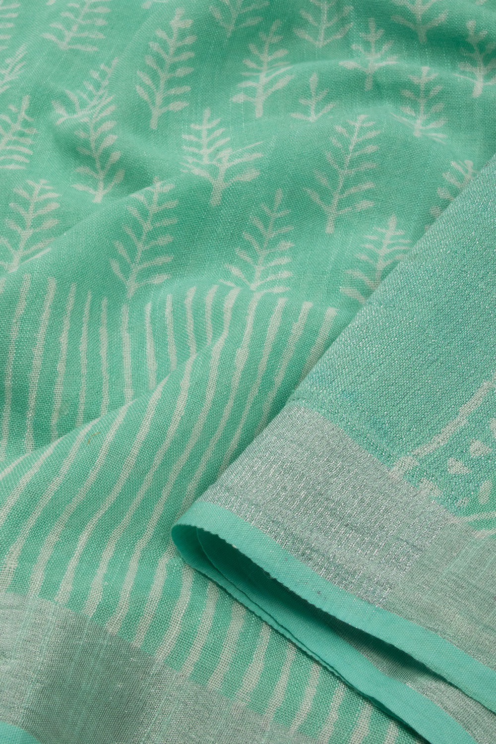 Aqua Green Hand Block Printed linen saree-Avishya
