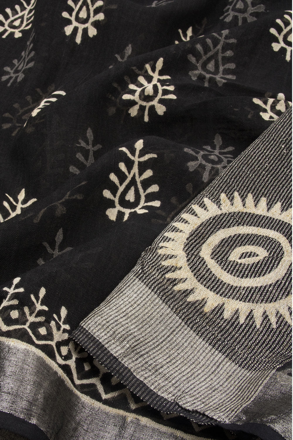 Black Hand Block Printed linen saree-Avishya