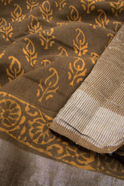 Brown Hand Block Printed linen saree -Avishya