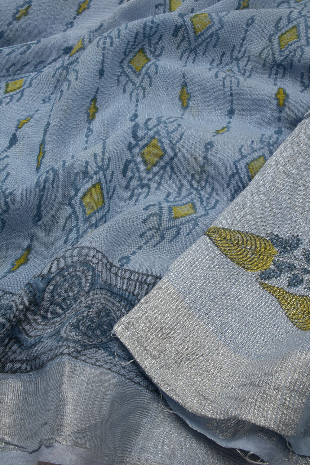 Light Blue Hand Block Printed linen saree-Avishya