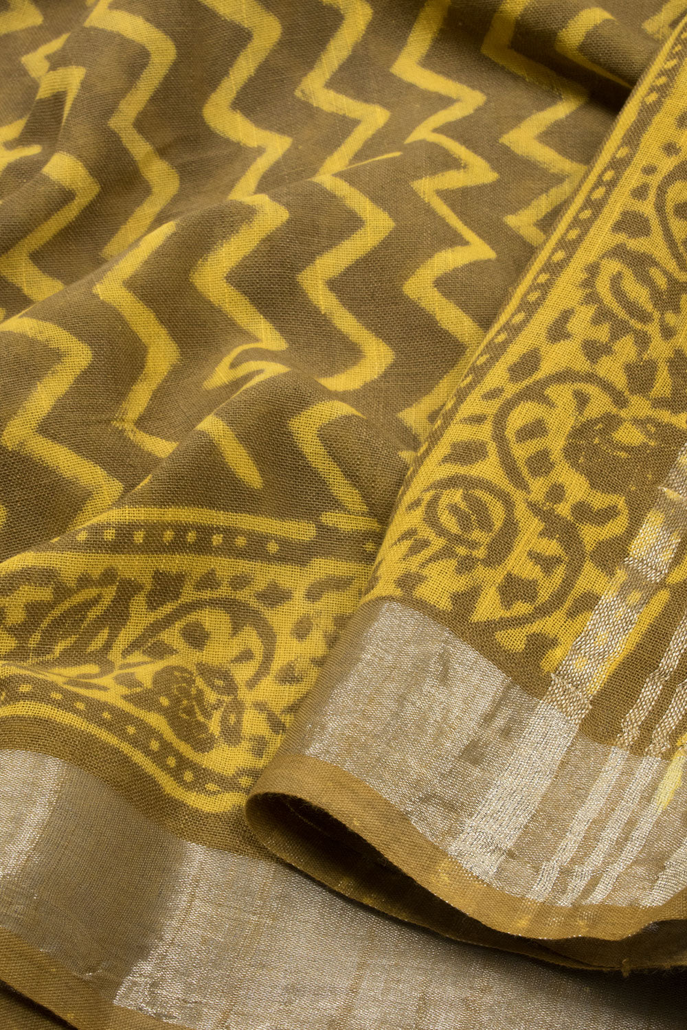 Brown Hand Block Printed linen saree-Avishya