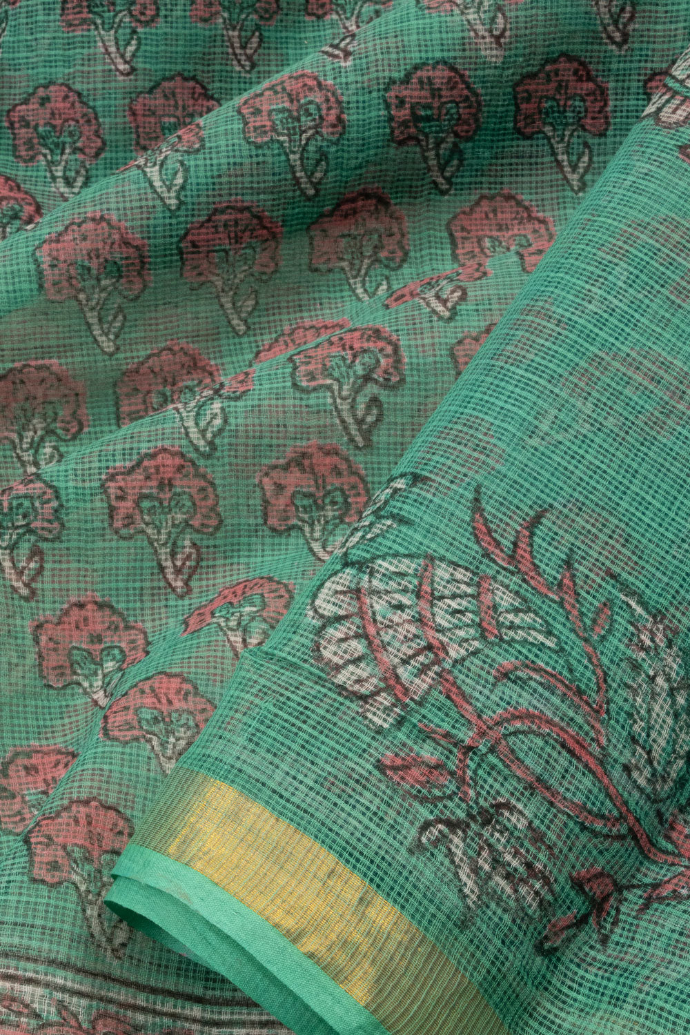 Green Vanaspathi Hand block Printed Kota Cotton saree - Avishya