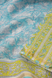 Blue Vanaspathi Hand block Printed Silk Cotton Saree - Avishya