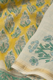 Yellow Vanaspathi Hand block Printed Silk Cotton Saree - Avishya