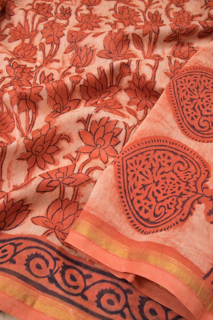 Orange Vanaspathi Hand block Printed Silk Cotton Saree - Avishya