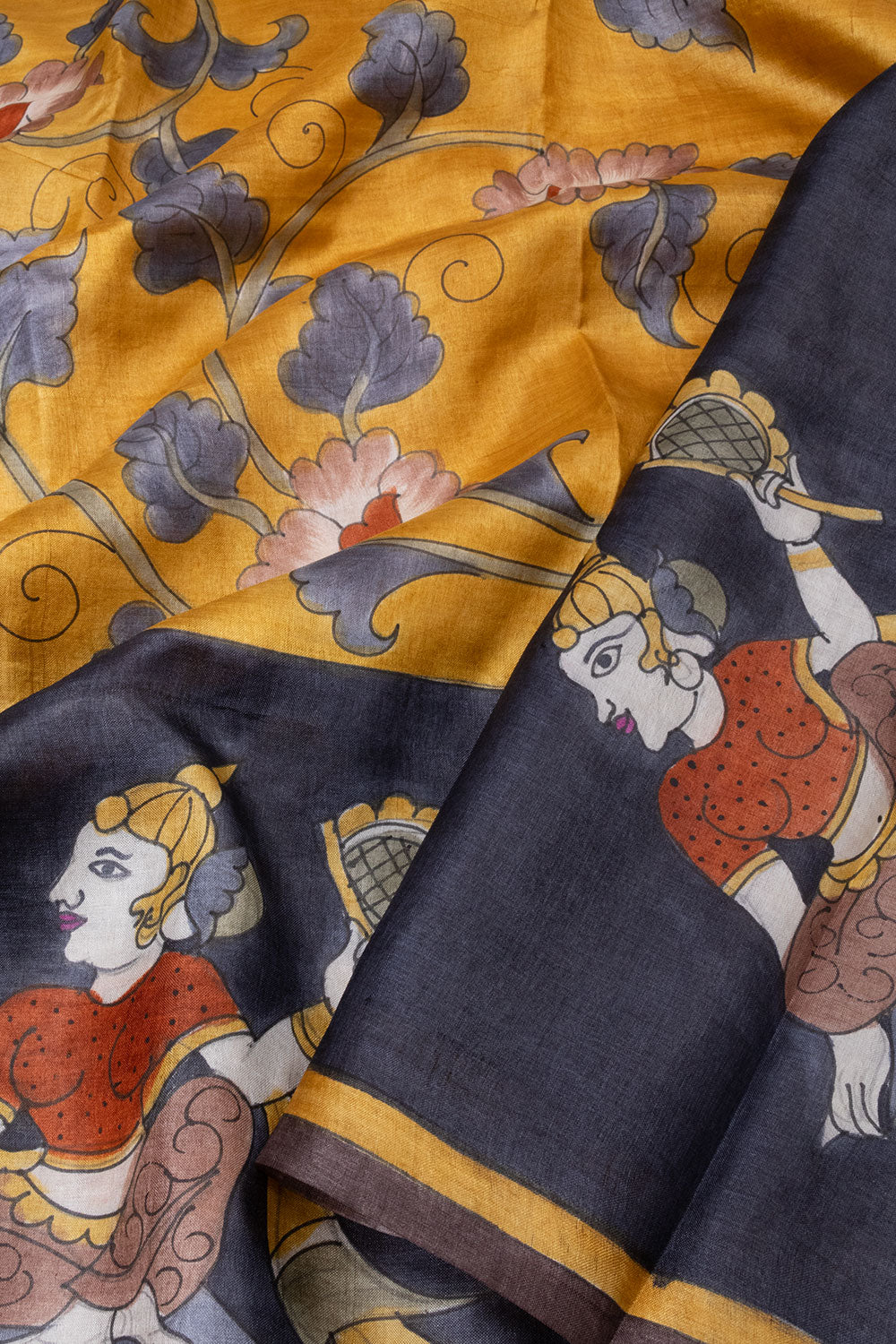 Yellow Hand painted Tussar silk saree  - Avishya