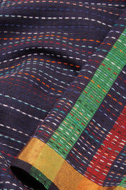 Denim Blue Kantha Embroidered Cotton Saree-Avishya