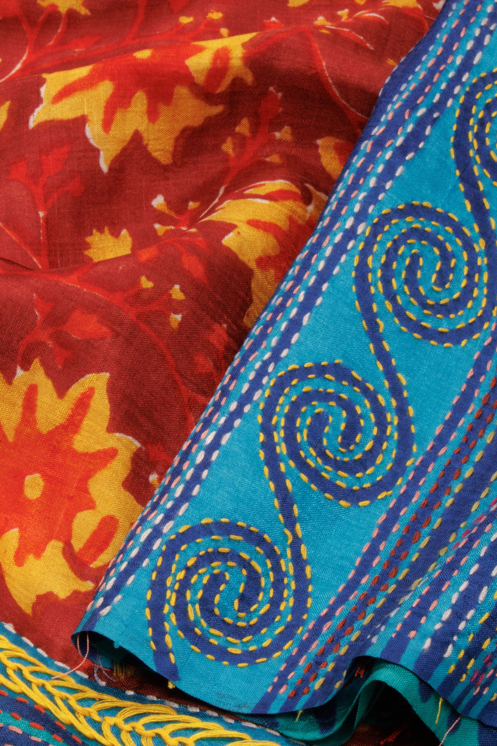 Falu Red Kantha Embroidered Silk Saree -Avishya