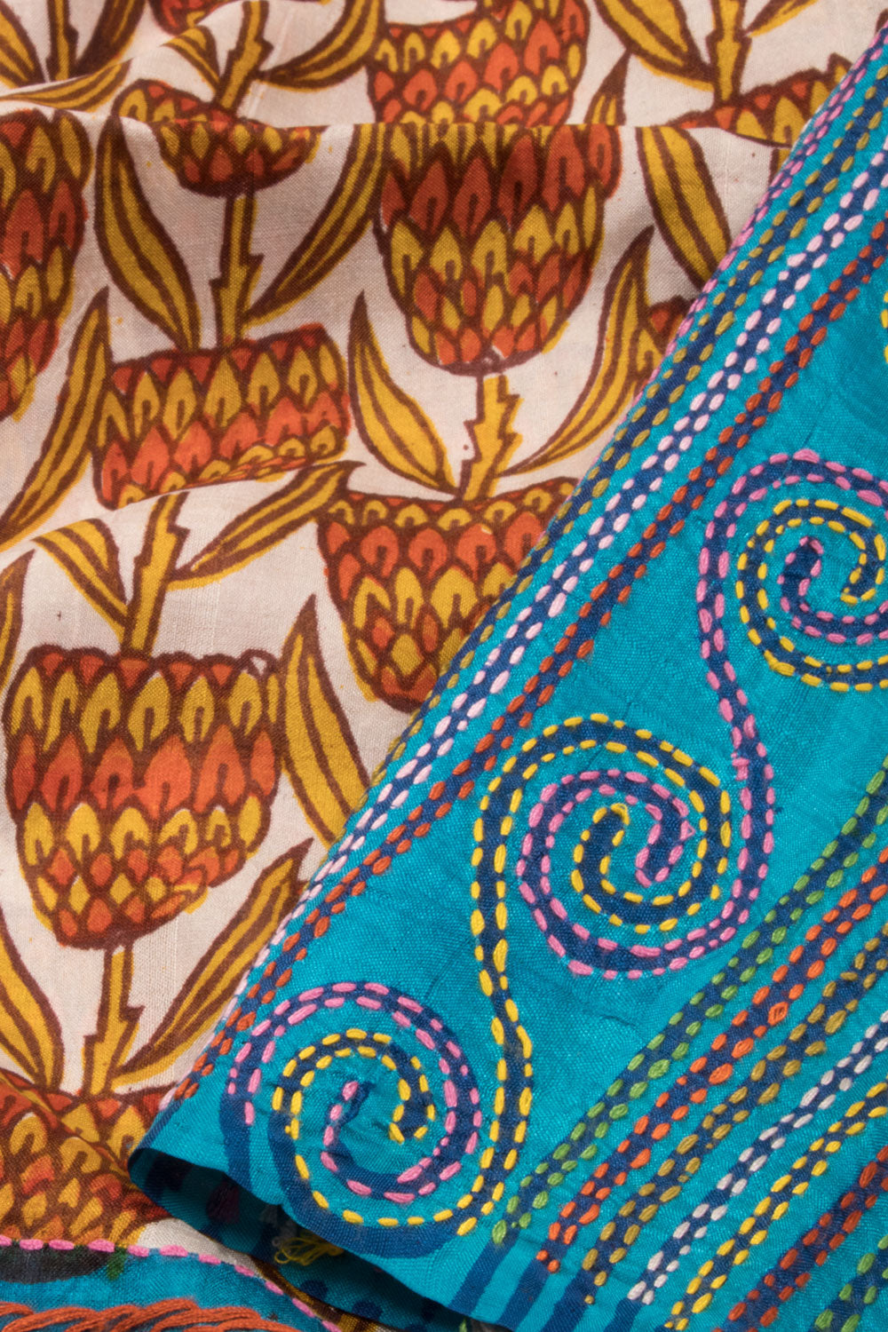 Cream Kantha Embroidered Silk Saree -Avishya