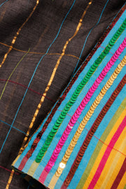 Dark Brown Tussar Cotton Sequin Embroidered Saree