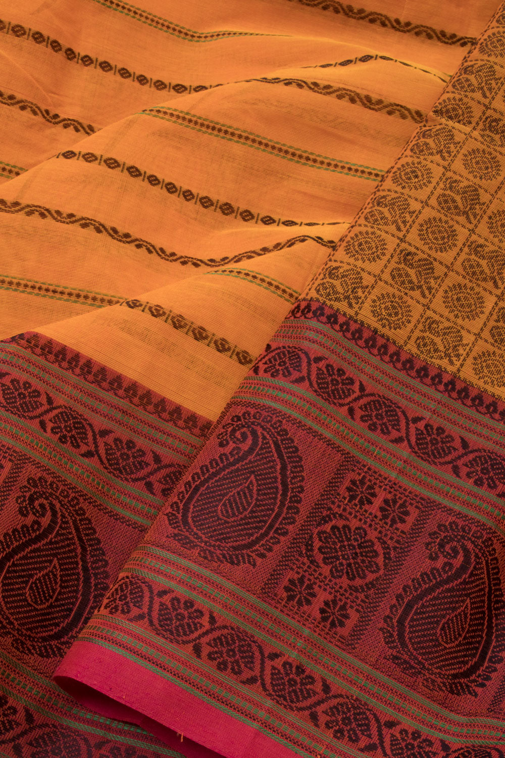Saffron Handwoven Kanchi Cotton Saree - Avishya
