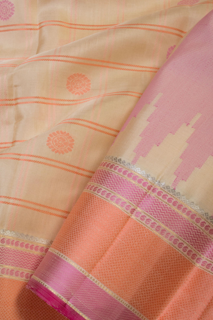 Beige Threadwork Handloom Kanjivaram Silk Saree - Avishya