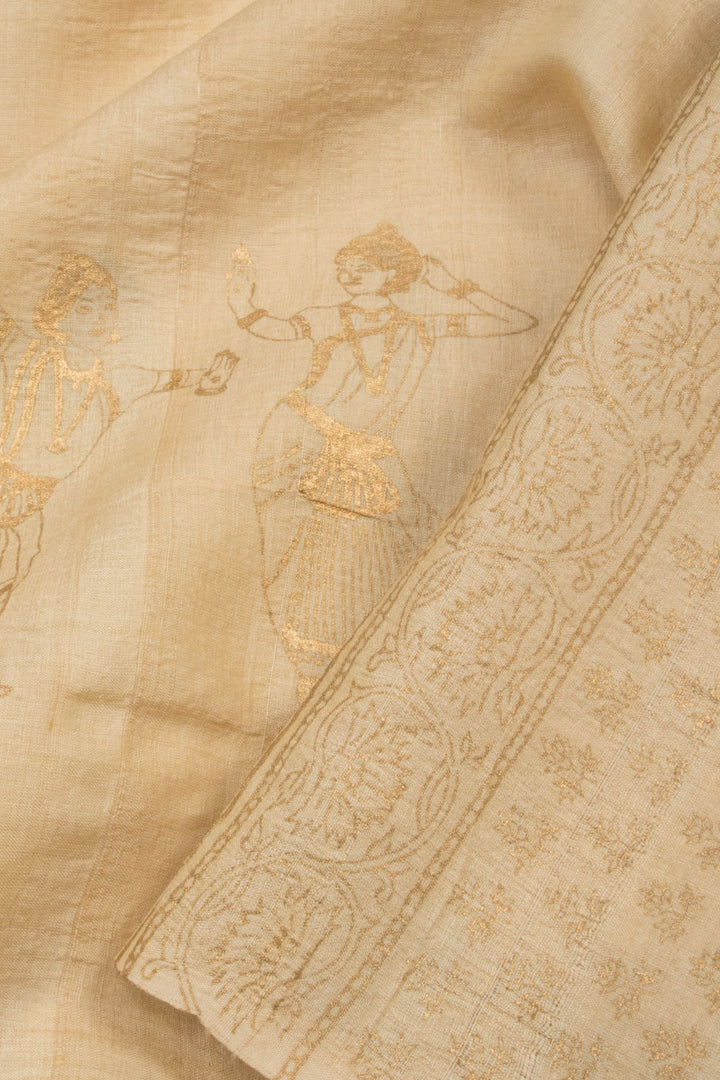 Cream Hand Block Printed  Hand Block Printed Tussar Silk Saree- Avishya
