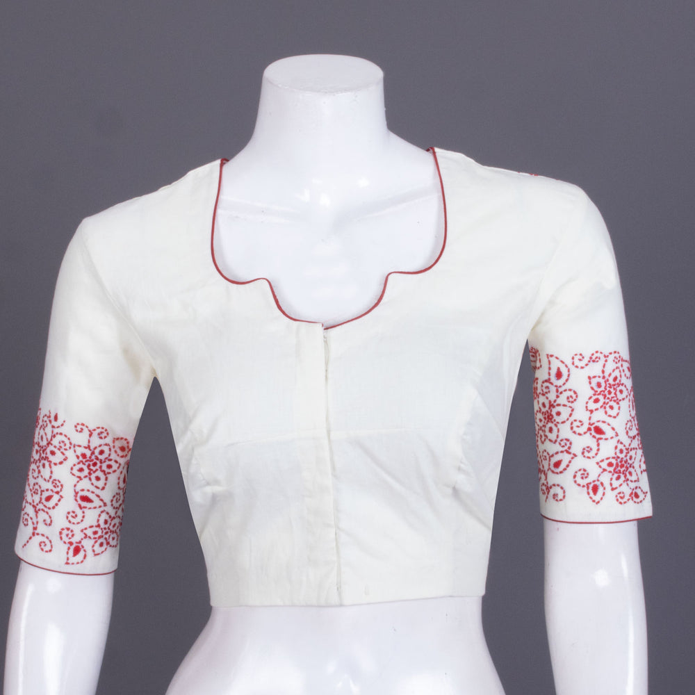 White Kantha Embroidered Chanderi Silk Cotton Blouse - Avishya