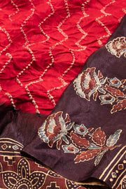 Red Handcrafted Ajrakh Printed Bandhani Gajji Silk Saree - Avishya