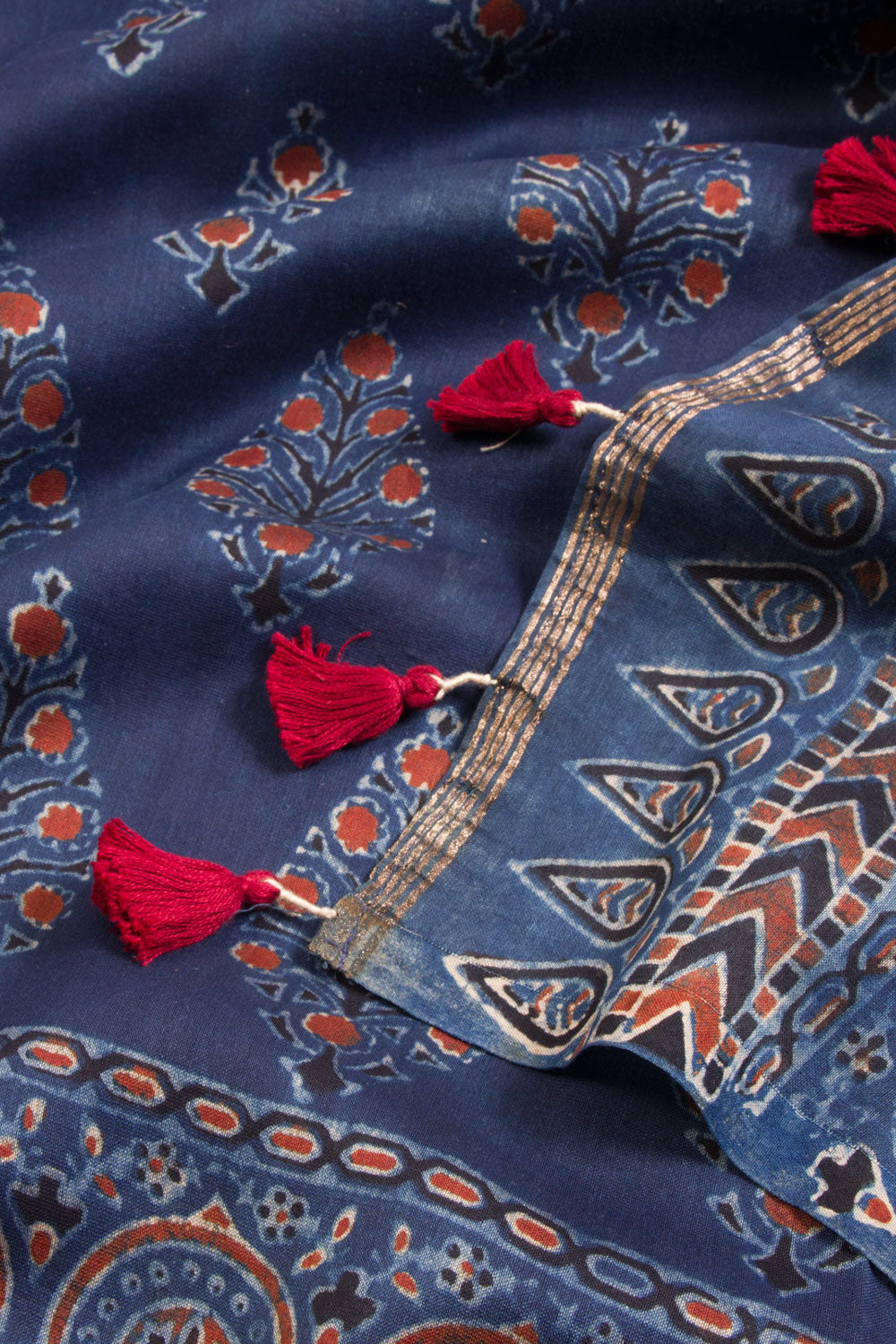 Blue Ajrakh Printed Silk Cotton Saree - Avishya