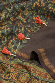 Green Ajrakh Printed Silk Cotton Saree 10068353