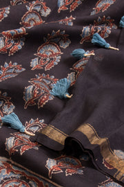 Black Ajrakh Printed Silk Cotton Saree - Avishya