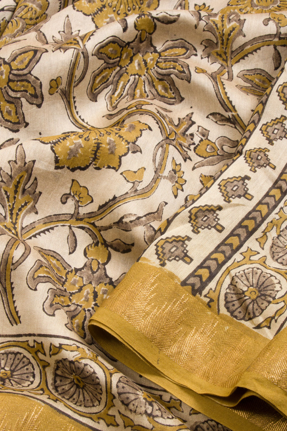 Cream Ajrakh Printed Silk Cotton Saree - Avishya