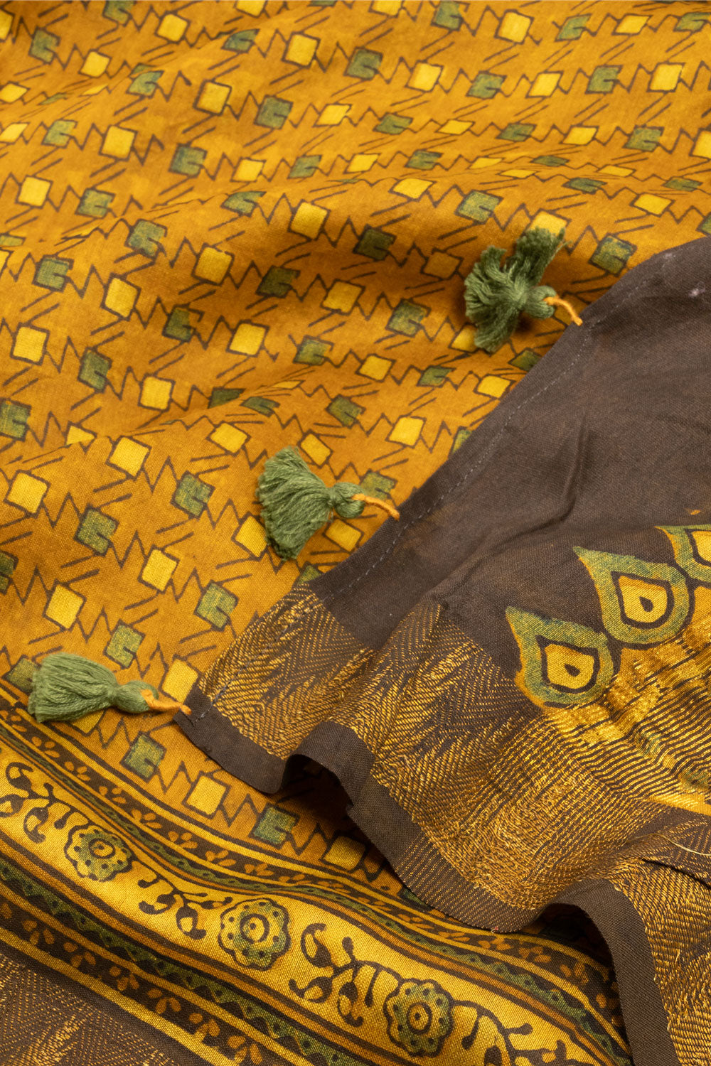 Mustard Yellow Ajrakh Printed Silk Cotton Saree - Avishya