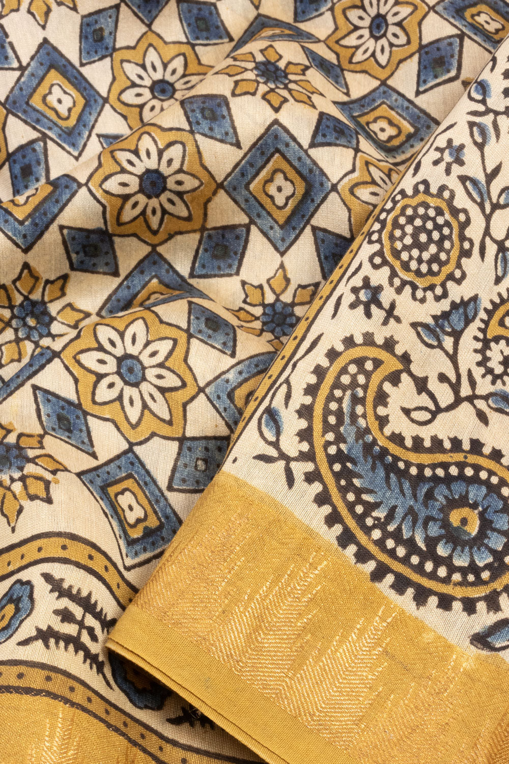 Beige Yellow Ajrakh Printed Silk Cotton Saree - Avishya