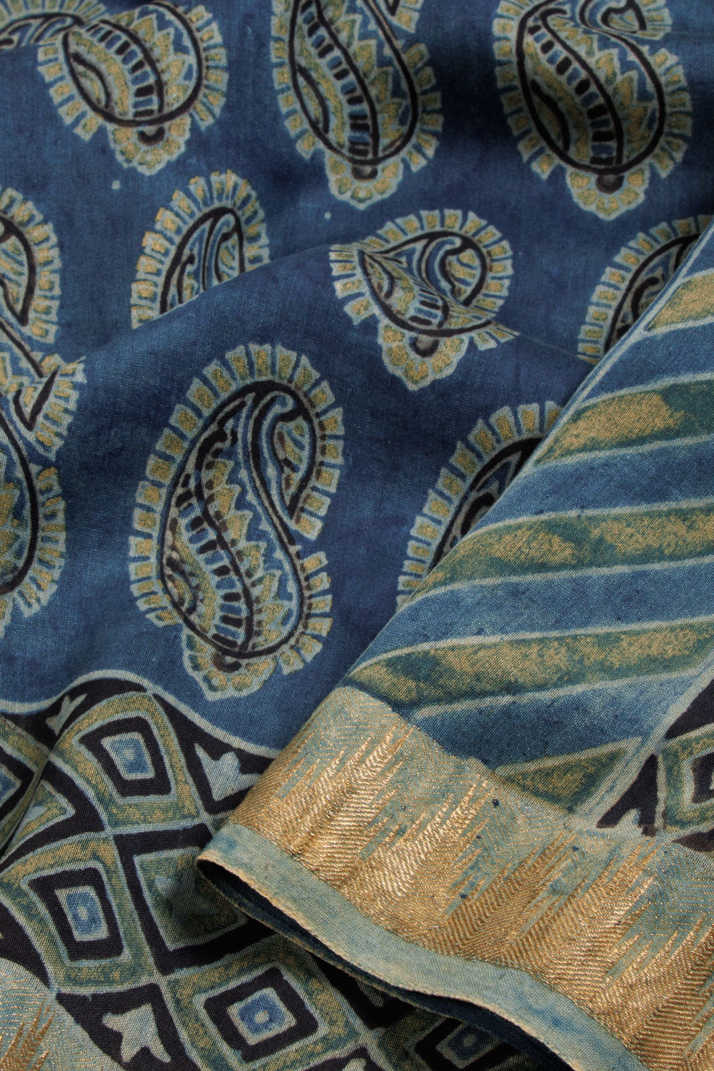Blue Ajrakh Printed Silk Cotton Saree - Avishya