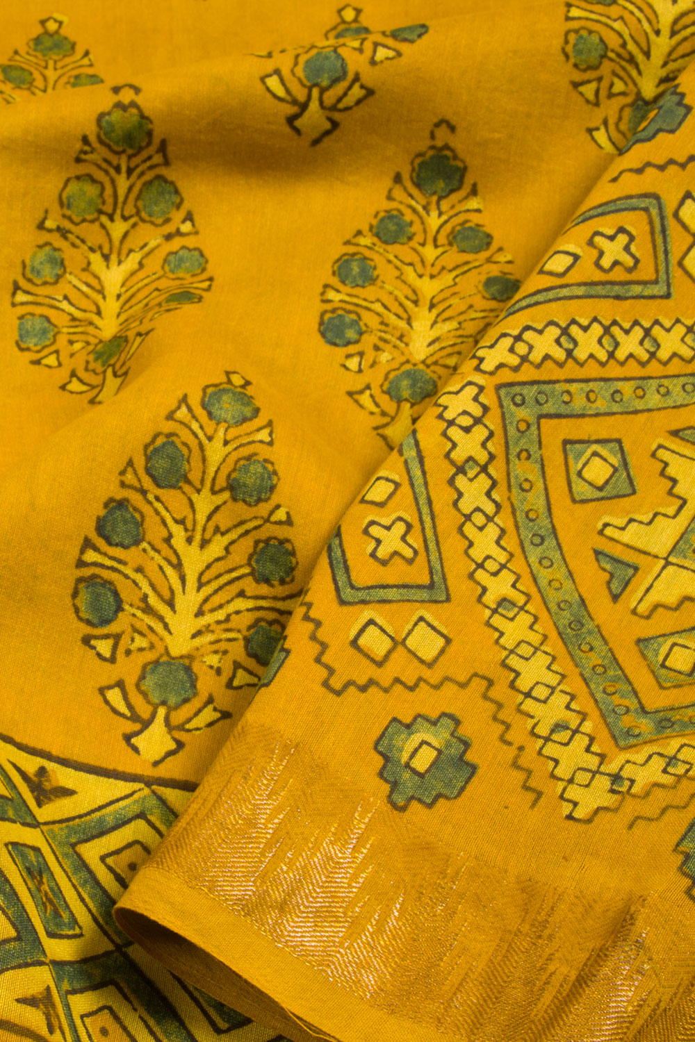 Yellow Ajrakh Printed Silk Cotton Saree -Avishhya