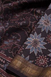 Black Ajrakh Printed Silk Cotton Saree - Avishya