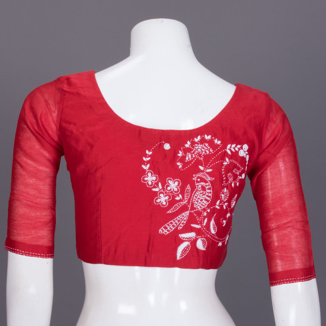 Red Hand Embroidered Chanderi Silk Cotton Blouse - Avishya