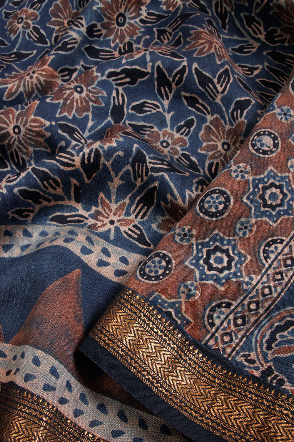 Blue Ajrakh Printed Silk Cotton Saree 10068376 - Avishya