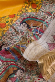 Yellow Hand Printed Staple Silk Madhubani Saree With Tussar Pallu 10068443 - Avishya