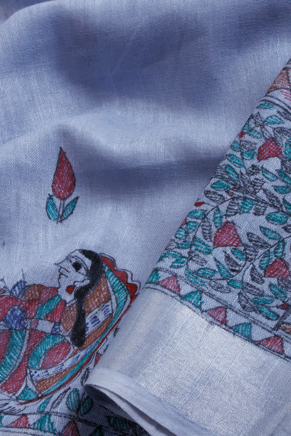 Blue Hand Printed Madhubani Linen Saree - Avishya