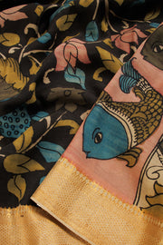 Black Hand Painted Pen Kalamkari Silk Cotton Saree 10068728
