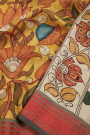 Yellow Hand Painted Pen Kalamkari Silk Cotton Saree 10068730