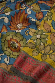 Blue Hand Painted Pen Kalamkari Silk Cotton Saree 10068729