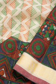 Beige Hand Block Print Dhaniakhali Cotton Saree 10068900 - Avishya