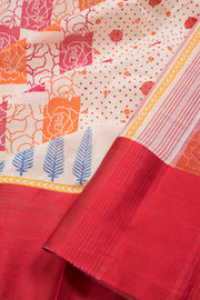Off White Hand Block Print Dhaniakhali Cotton Saree With Satin Border 10068908 - Avishya