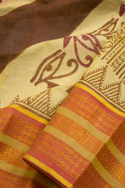 Beige Hand Block Print Dhaniakhali Cotton Saree 10068909 - Avishya